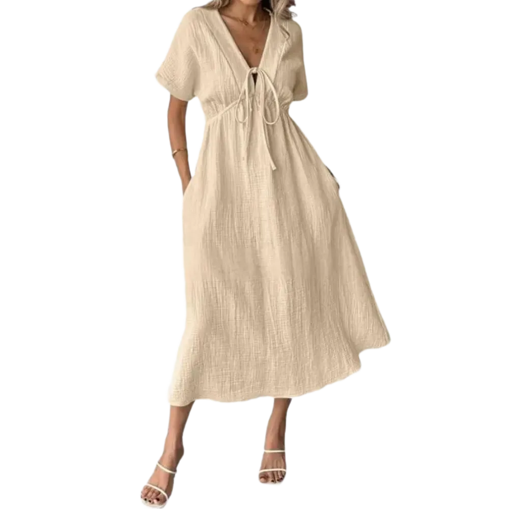 🎉Women's Summer Solid Color V-Neck Cotton Dress✨