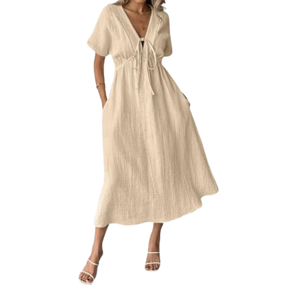 🎉Women's Summer Solid Color V-Neck Cotton Dress✨