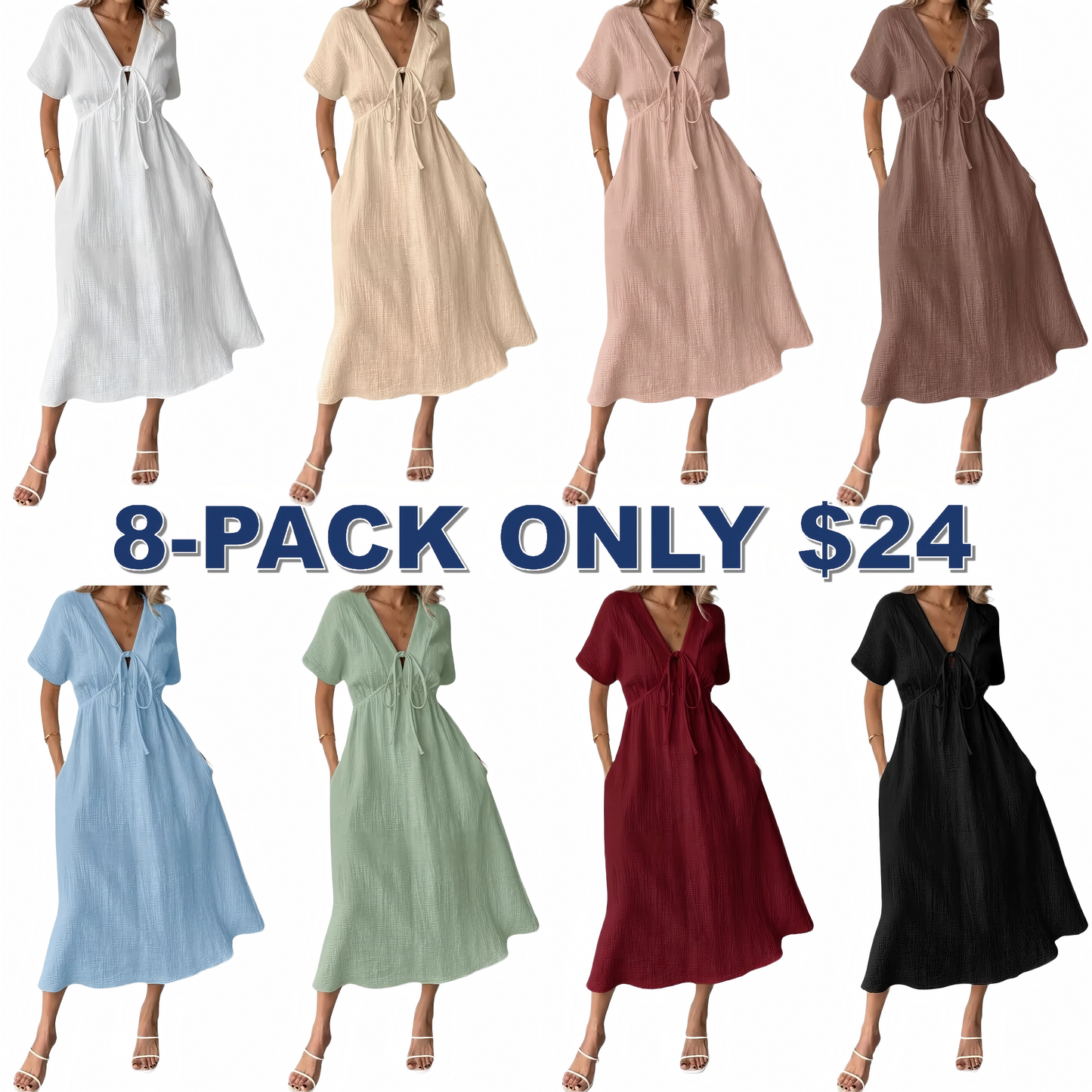🎉Women's Summer Solid Color V-Neck Cotton Dress✨