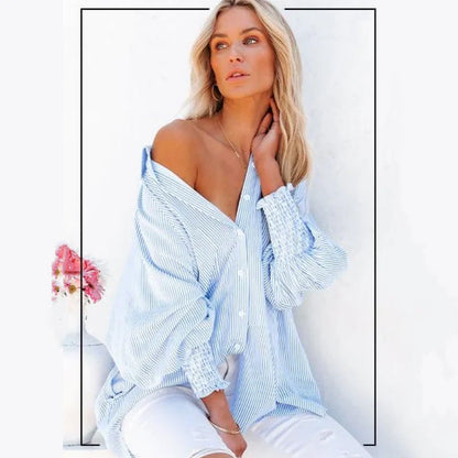 🏆 80K+ SOLD!⚡🏆️Mid-length smocked shirt with striped lapel and oversized drawdown sleeves