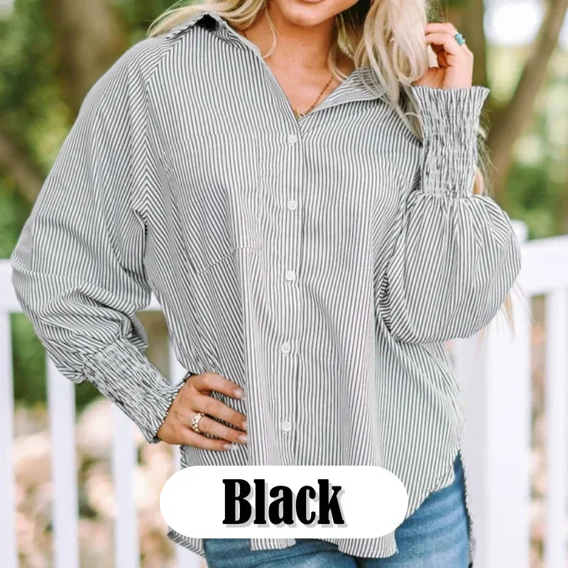 🏆 80K+ SOLD!⚡🏆️Mid-length smocked shirt with striped lapel and oversized drawdown sleeves