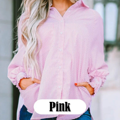 🏆 80K+ SOLD!⚡🏆️Mid-length smocked shirt with striped lapel and oversized drawdown sleeves