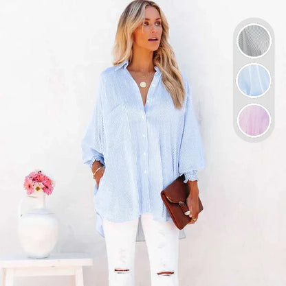 🏆 80K+ SOLD!⚡🏆️Mid-length smocked shirt with striped lapel and oversized drawdown sleeves