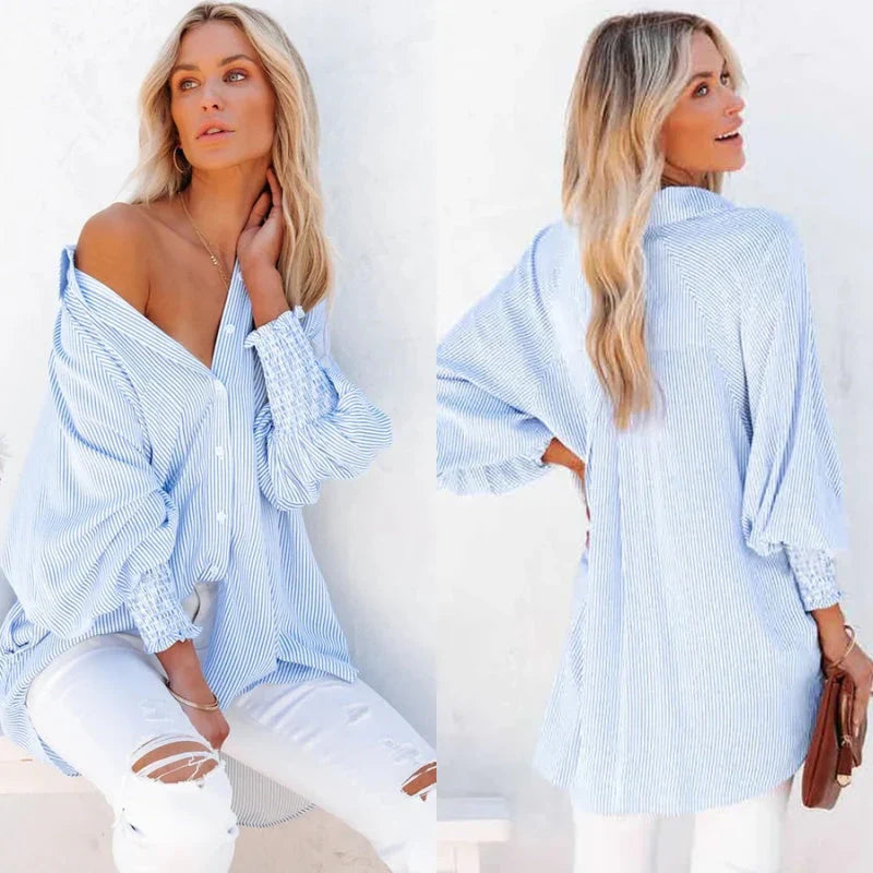 🏆 80K+ SOLD!⚡🏆️Mid-length smocked shirt with striped lapel and oversized drawdown sleeves