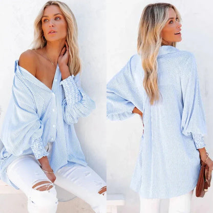 🏆 80K+ SOLD!⚡🏆️Mid-length smocked shirt with striped lapel and oversized drawdown sleeves