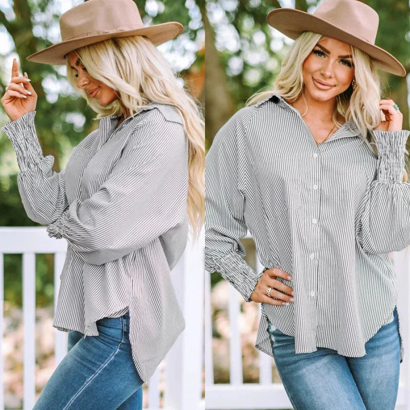 🏆 80K+ SOLD!⚡🏆️Mid-length smocked shirt with striped lapel and oversized drawdown sleeves