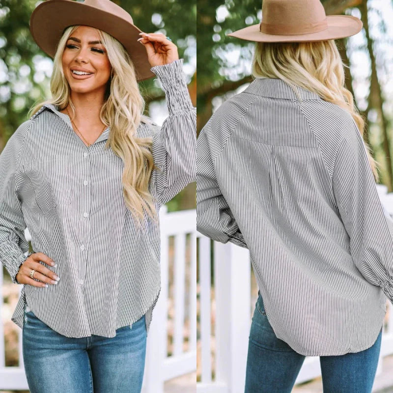 🏆 80K+ SOLD!⚡🏆️Mid-length smocked shirt with striped lapel and oversized drawdown sleeves