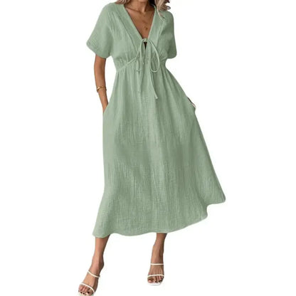 🎉Women's Summer Solid Color V-Neck Cotton Dress✨