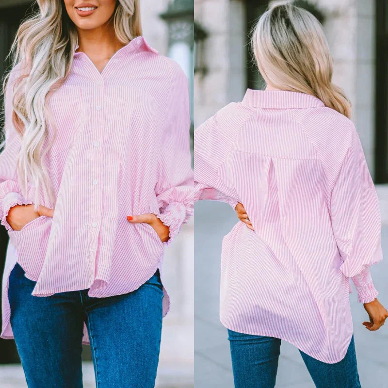 🏆 80K+ SOLD!⚡🏆️Mid-length smocked shirt with striped lapel and oversized drawdown sleeves