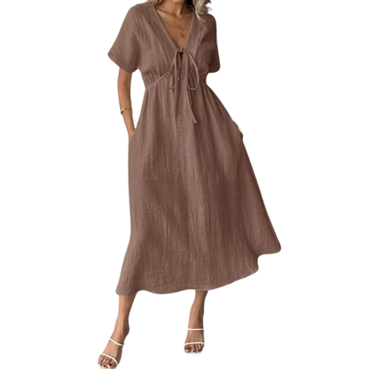 🎉Women's Summer Solid Color V-Neck Cotton Dress✨