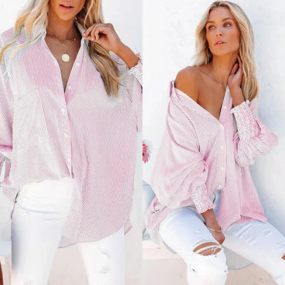🏆 80K+ SOLD!⚡🏆️Mid-length smocked shirt with striped lapel and oversized drawdown sleeves