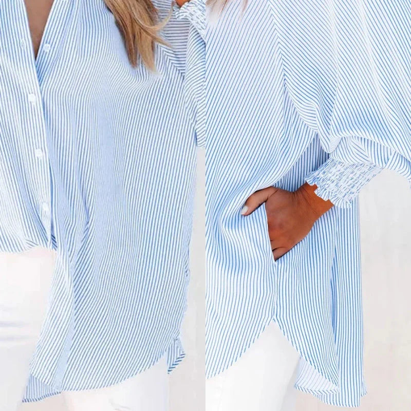 🏆 80K+ SOLD!⚡🏆️Mid-length smocked shirt with striped lapel and oversized drawdown sleeves