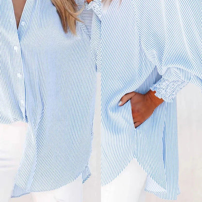 🏆 80K+ SOLD!⚡🏆️Mid-length smocked shirt with striped lapel and oversized drawdown sleeves