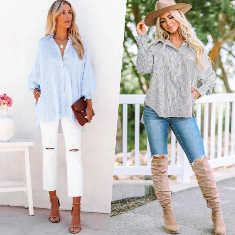 🏆 80K+ SOLD!⚡🏆️Mid-length smocked shirt with striped lapel and oversized drawdown sleeves