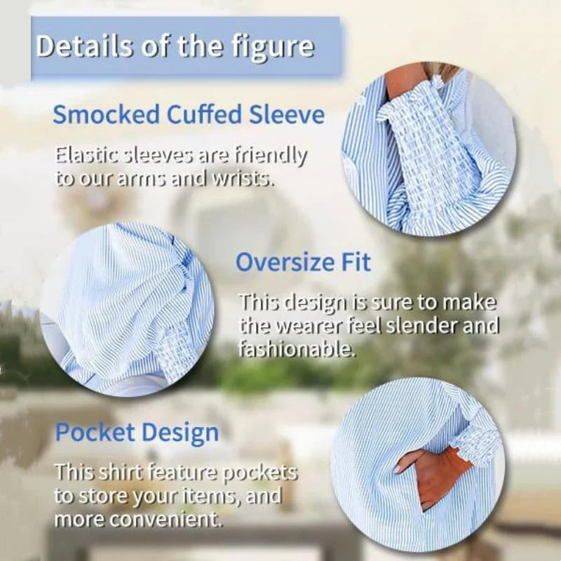 🏆 80K+ SOLD!⚡🏆️Mid-length smocked shirt with striped lapel and oversized drawdown sleeves