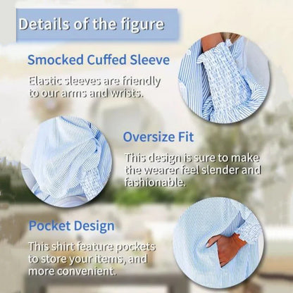 🏆 80K+ SOLD!⚡🏆️Mid-length smocked shirt with striped lapel and oversized drawdown sleeves