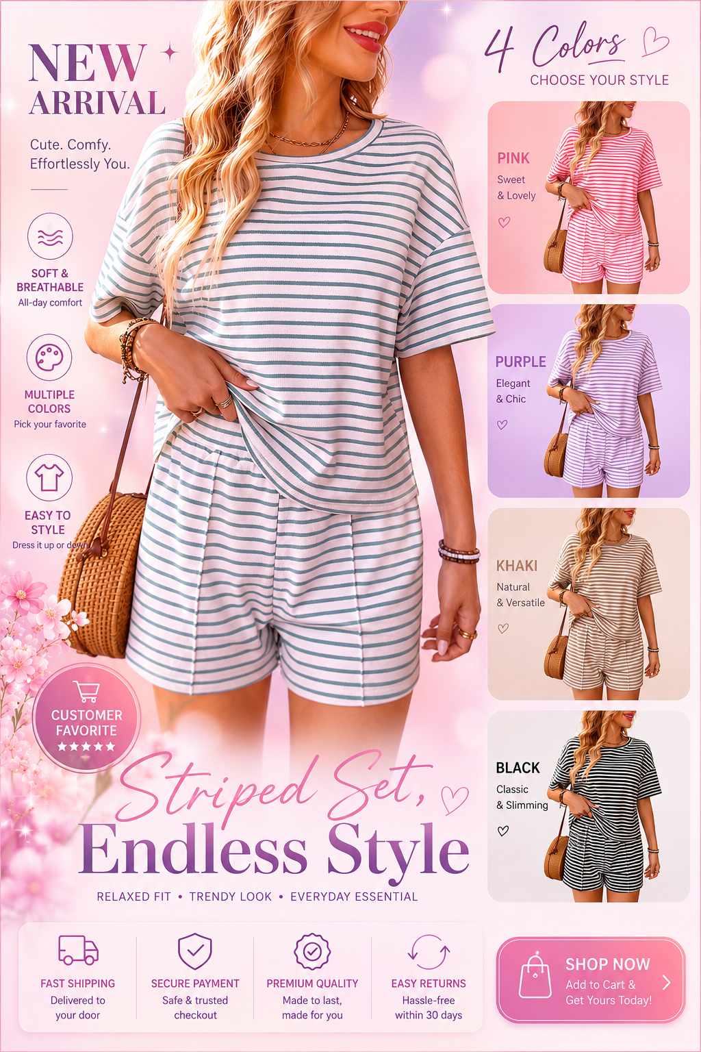 🎉Women's Striped T-Shirt &✨ Short Two-Piece Set