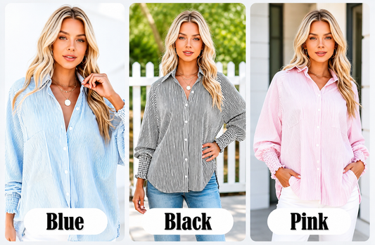 🏆 80K+ SOLD!⚡🏆️Mid-length smocked shirt with striped lapel and oversized drawdown sleeves