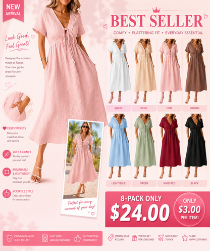 🎉Women's Summer Solid Color V-Neck Cotton Dress✨