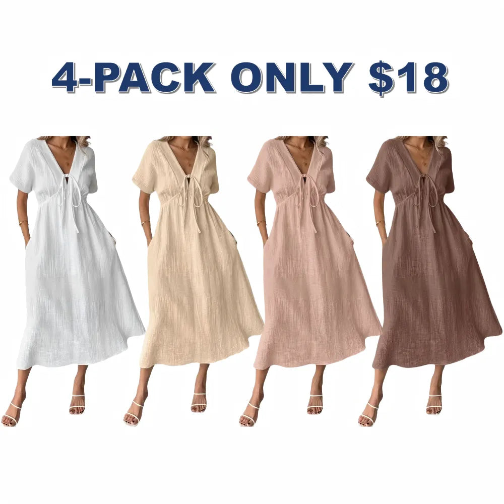 🎉Women's Summer Solid Color V-Neck Cotton Dress✨