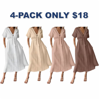 🎉Women's Summer Solid Color V-Neck Cotton Dress✨