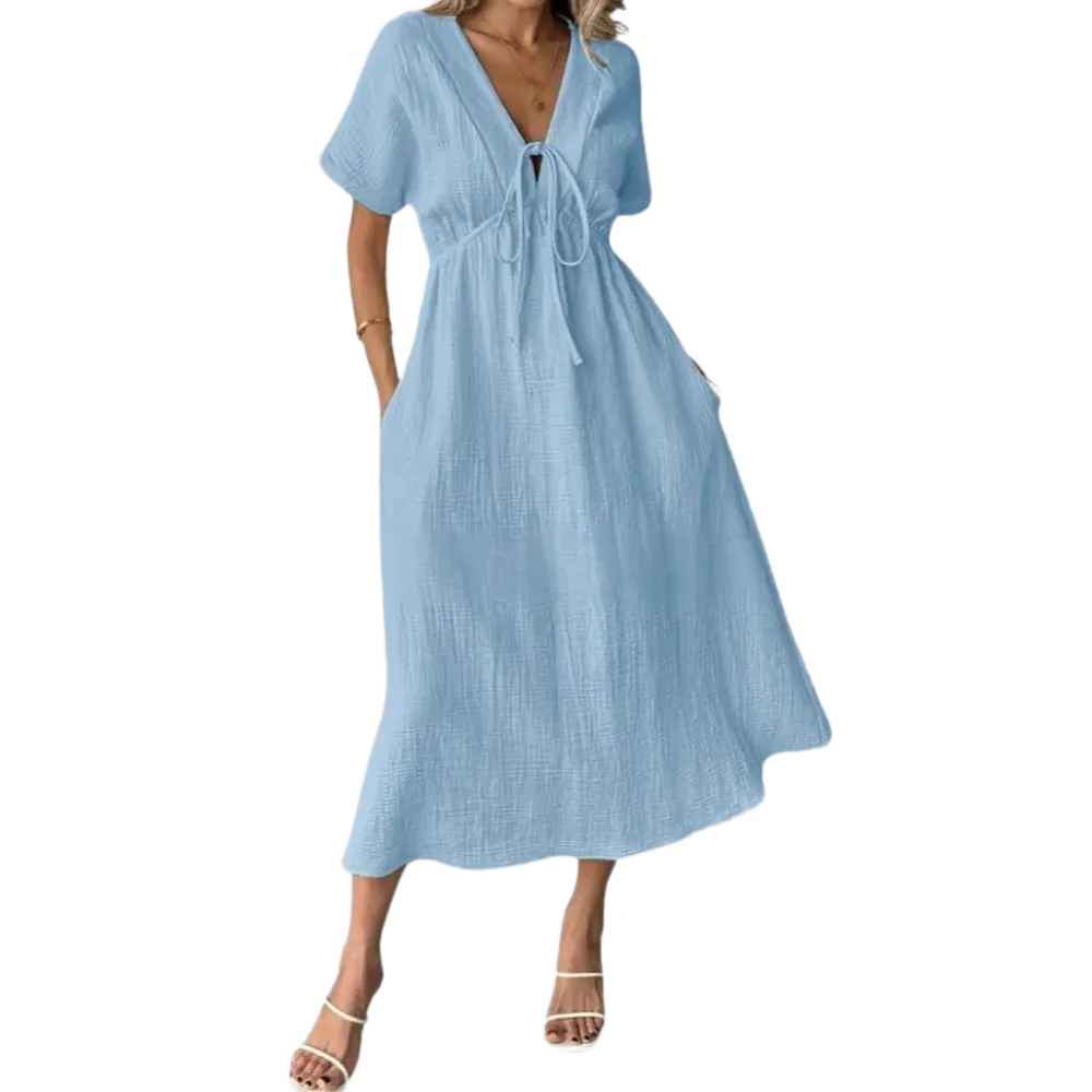 🎉Women's Summer Solid Color V-Neck Cotton Dress✨
