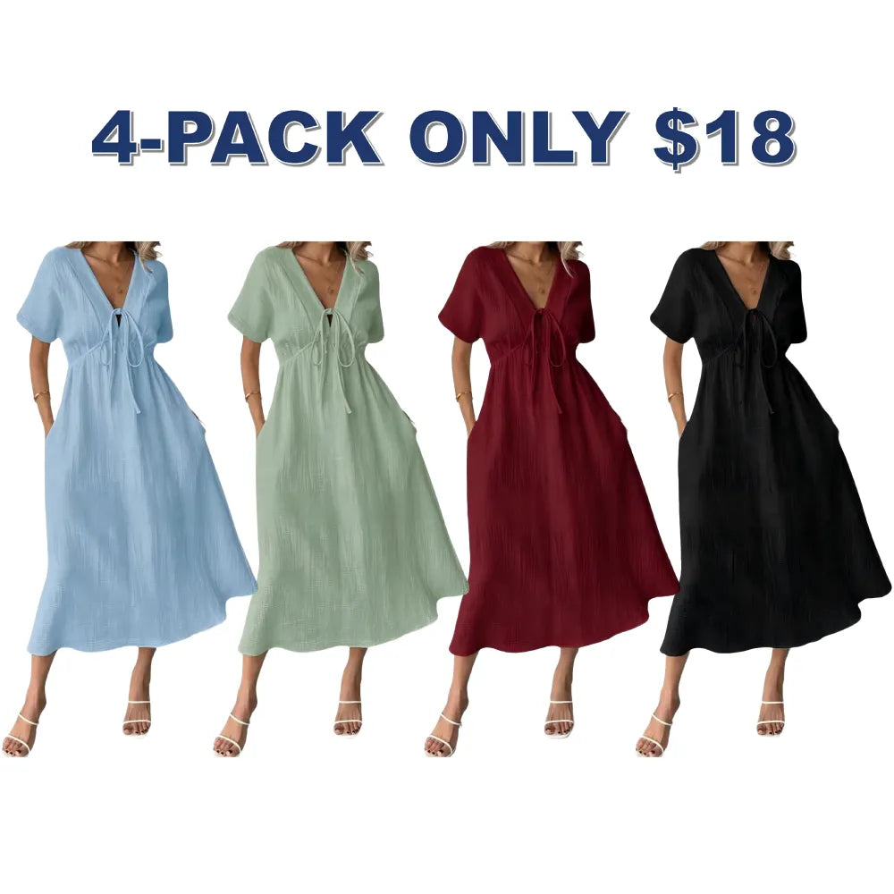 🎉Women's Summer Solid Color V-Neck Cotton Dress✨