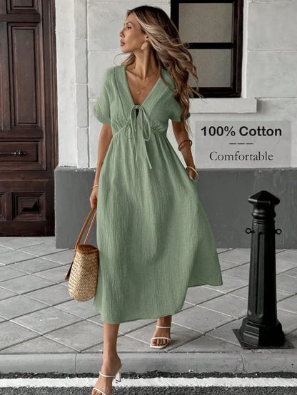 🎉Women's Summer Solid Color V-Neck Cotton Dress✨