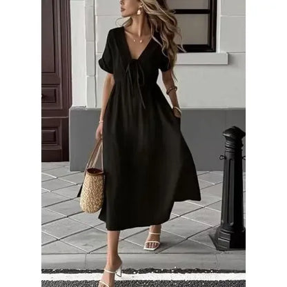 🎉Women's Summer Solid Color V-Neck Cotton Dress✨