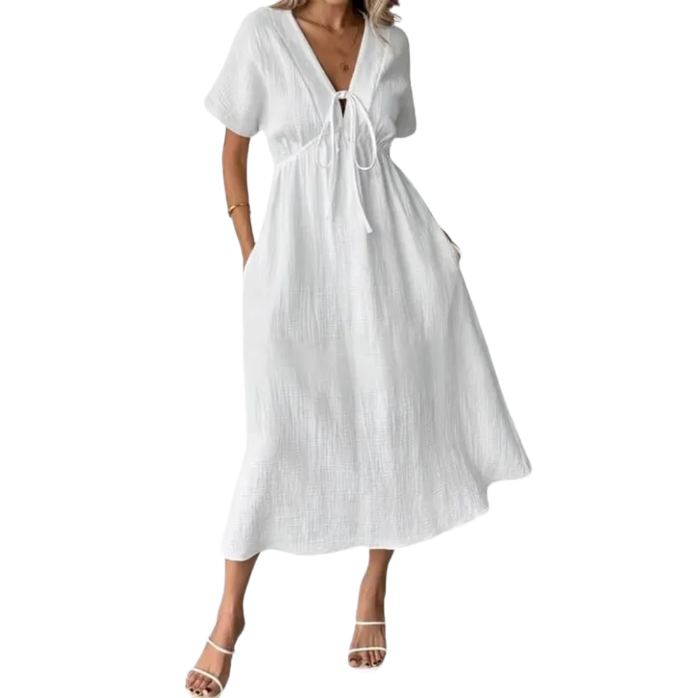 🎉Women's Summer Solid Color V-Neck Cotton Dress✨
