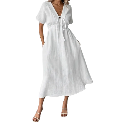 🎉Women's Summer Solid Color V-Neck Cotton Dress✨