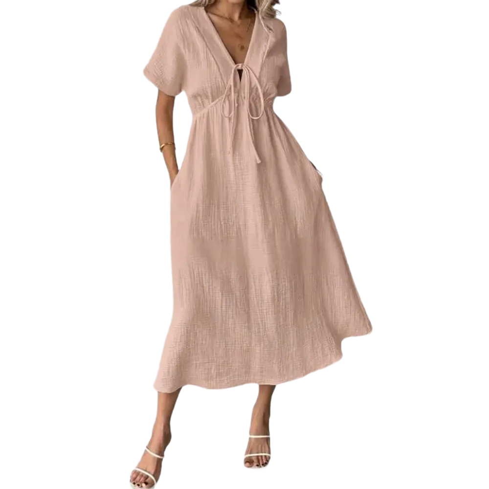 🎉Women's Summer Solid Color V-Neck Cotton Dress✨