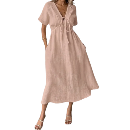 🎉Women's Summer Solid Color V-Neck Cotton Dress✨