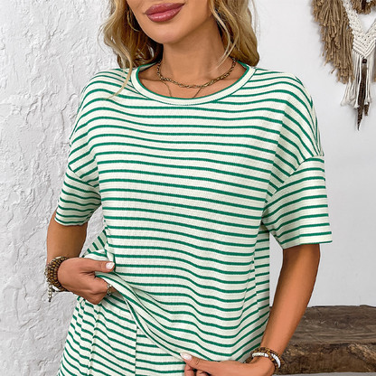 🎉Women's Striped T-Shirt &✨ Short Two-Piece Set