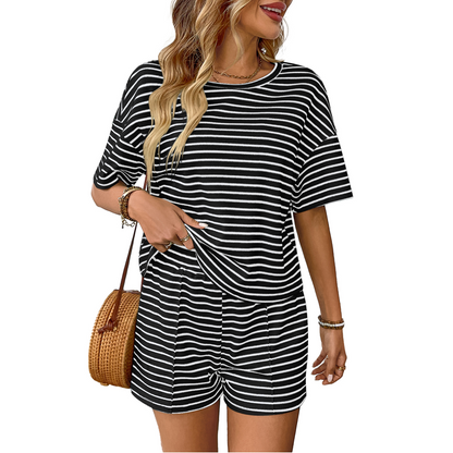 🎉Women's Striped T-Shirt &✨ Short Two-Piece Set