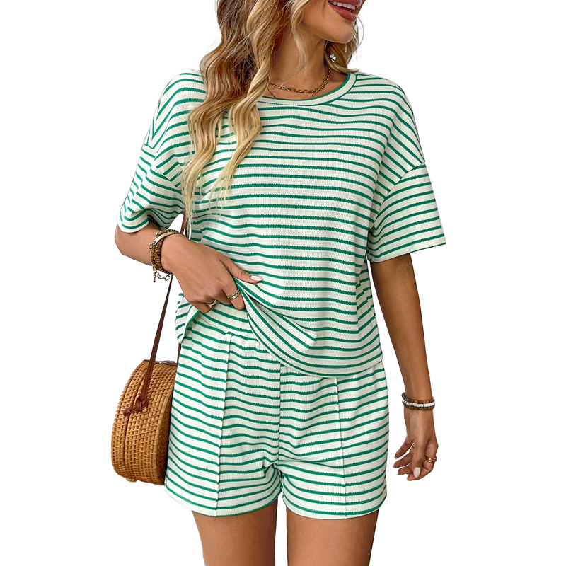 🎉Women's Striped T-Shirt &✨ Short Two-Piece Set